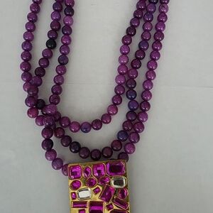 Purple Beaded Necklace with Gold Pendant VINTAGE Sassy JONES